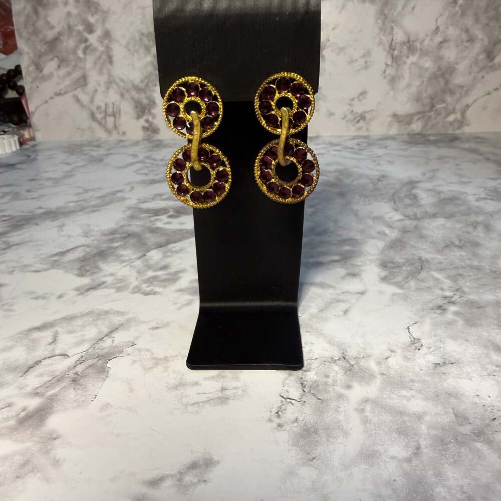 Vintage‎ TARA Gold Tone Purple Rhinestone Double Circle Clip-On Earrings